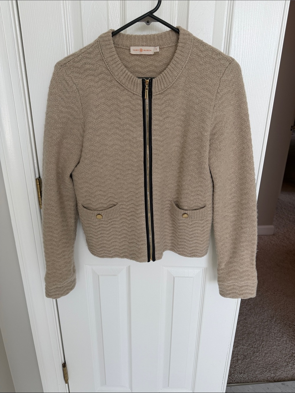 Tory Burch 100% Wool Zip Cardigan Sweater Leather Elbow Patches S